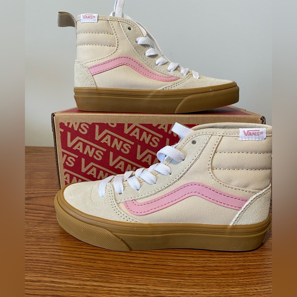 Vans Ashwood Hi Decon Beige High-Top Sneakers with Pink Stripe - Picture 2 of 6